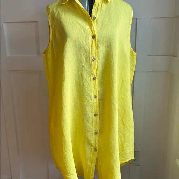 Italian Linen Sleeveless Yellow Button-Front Tunic Top Large - Picture 3 of 8